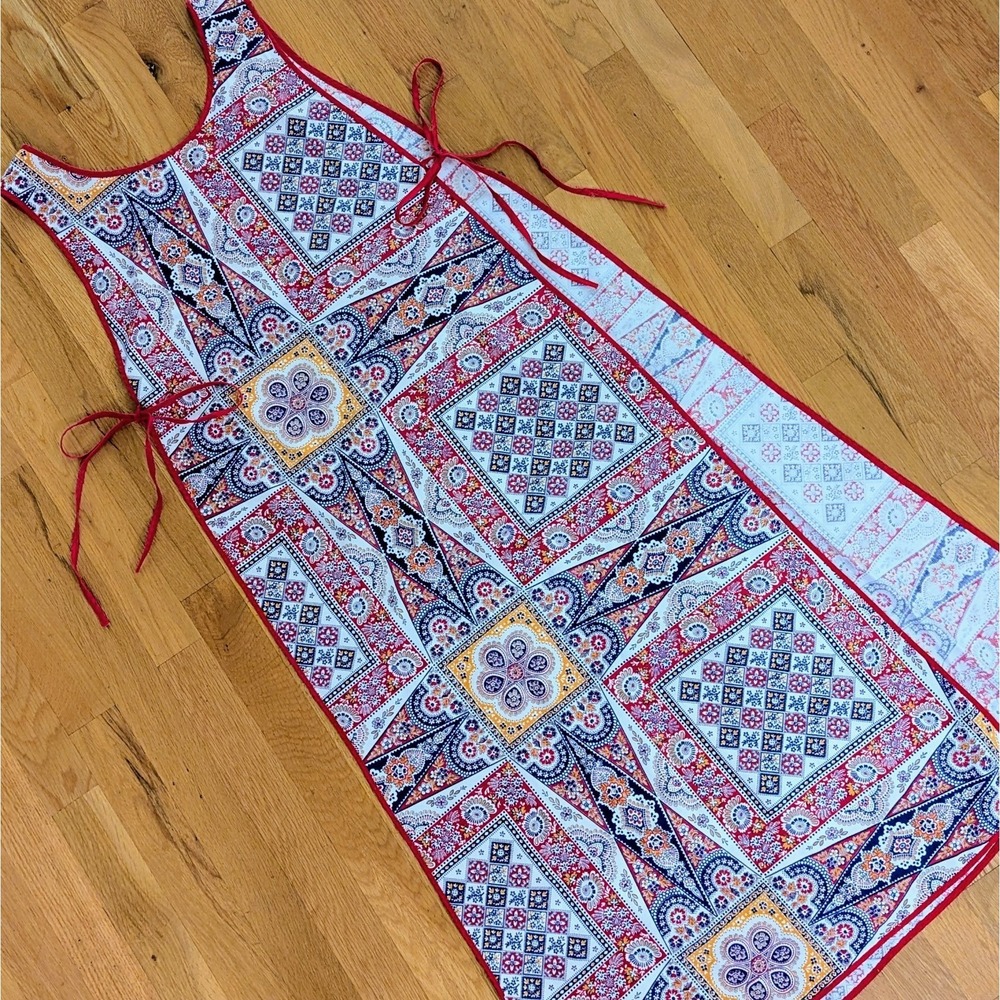 Vtg Full Length Long Smock Apron Red Blue Patchwork Print Side Tie Retro Kitchen